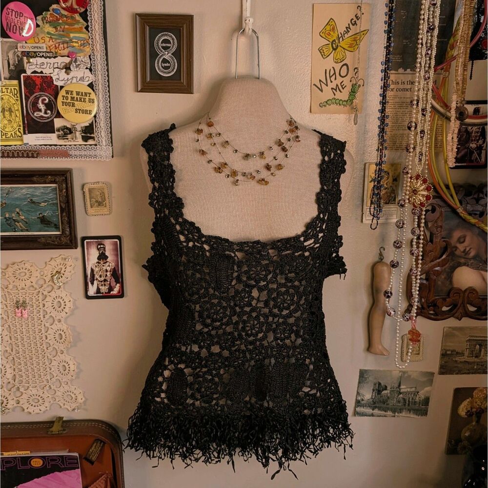 Anthropologie Crochet Tank Top Women's Medium Black